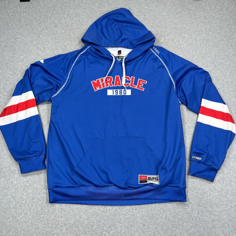 UNRL Hoodie Mens XL Blue Silk Series 1980 Miracle On Ice Hockey Team USA Flag